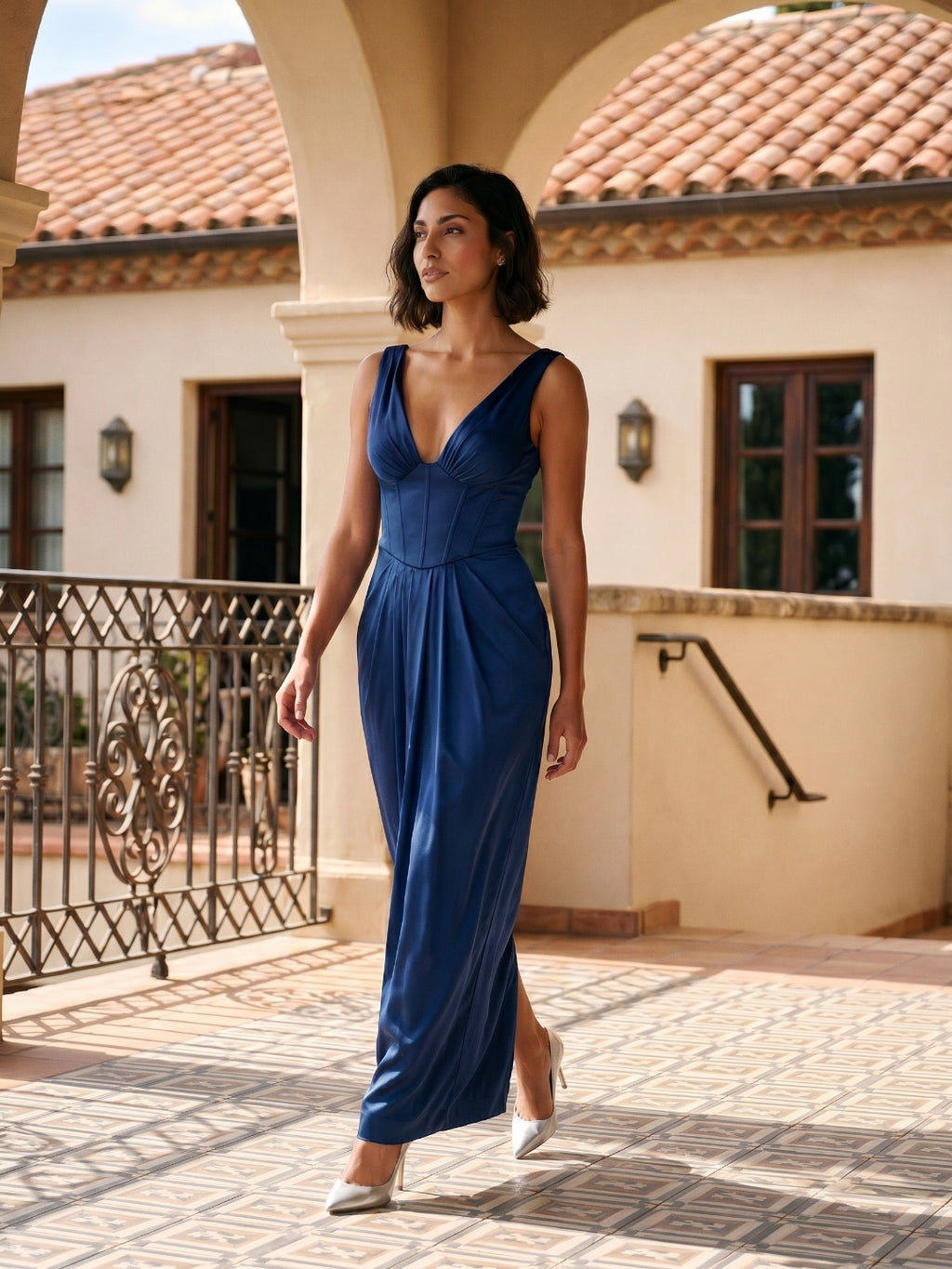 Navy Blue Matte Satin Sheath V-Neck V-Back Floor-Length Formal Dress with Pleating