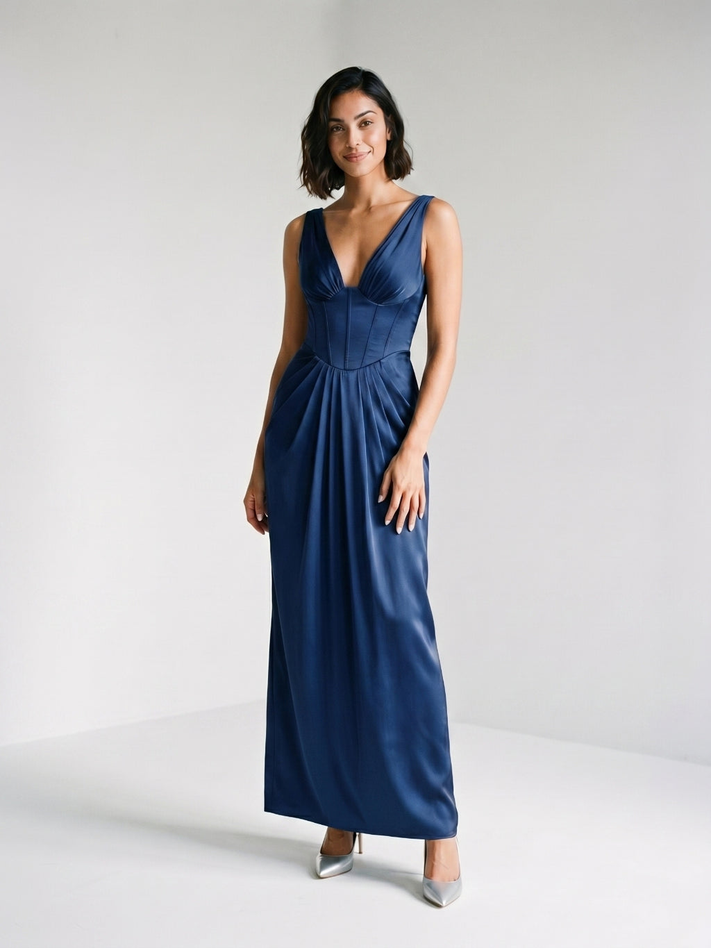 Navy Blue Matte Satin Sheath V-Neck V-Back Floor-Length Formal Dress with Pleating