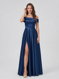 Navy Blue Satin A-Line Off-the-Shoulder Back Zip Floor-Length Bridesmaid Dress with Pleating