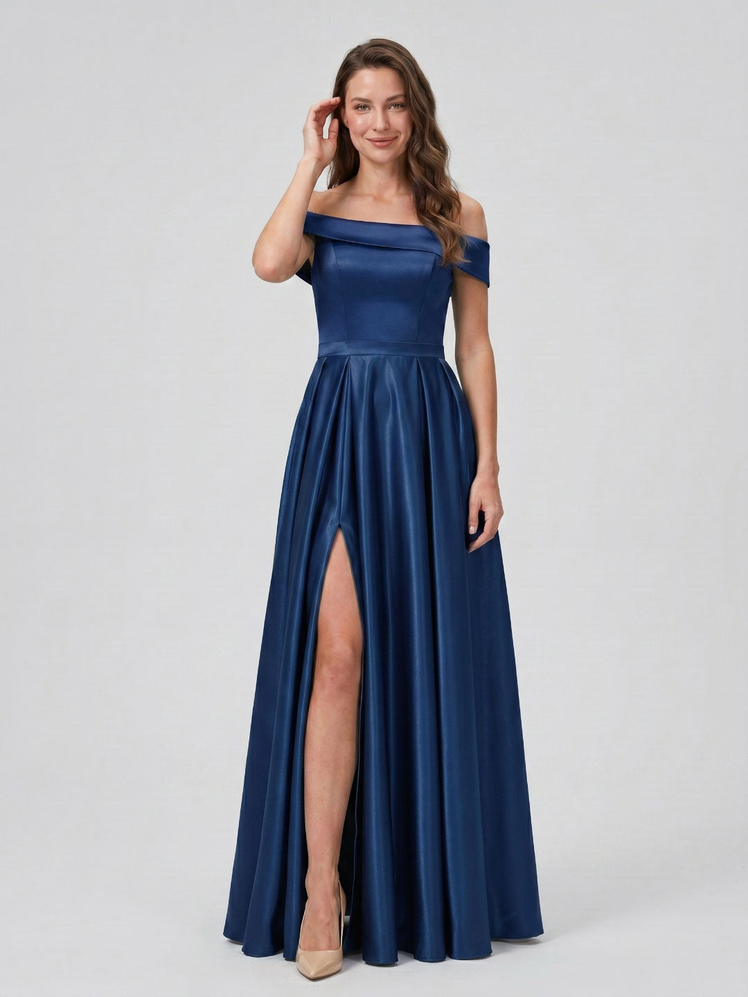 Navy Blue Satin A-Line Off-the-Shoulder Back Zip Floor-Length Bridesmaid Dress with Pleating