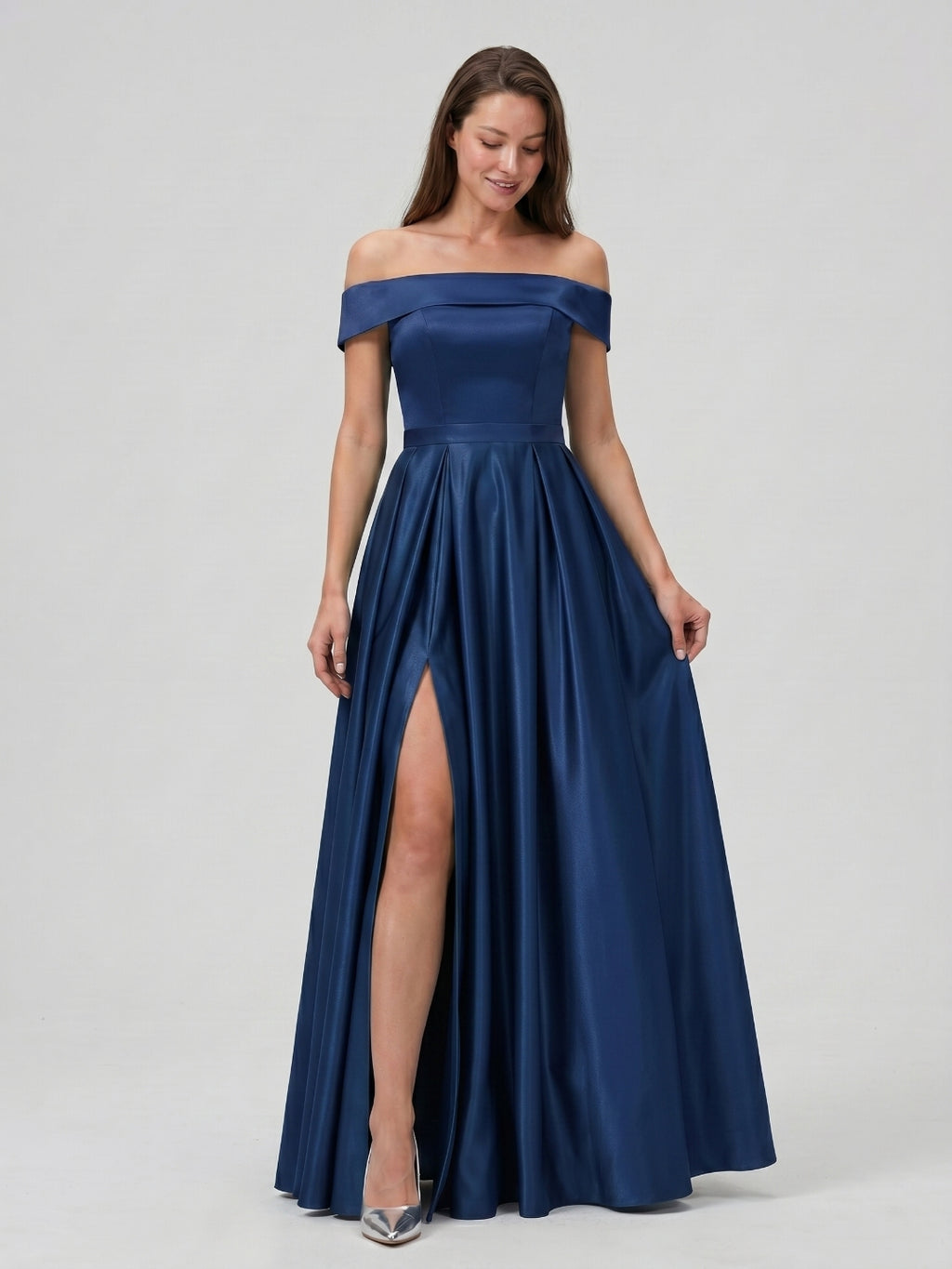 Navy Blue Satin A-Line Off-the-Shoulder Back Zip Floor-Length Bridesmaid Dress with Pleating