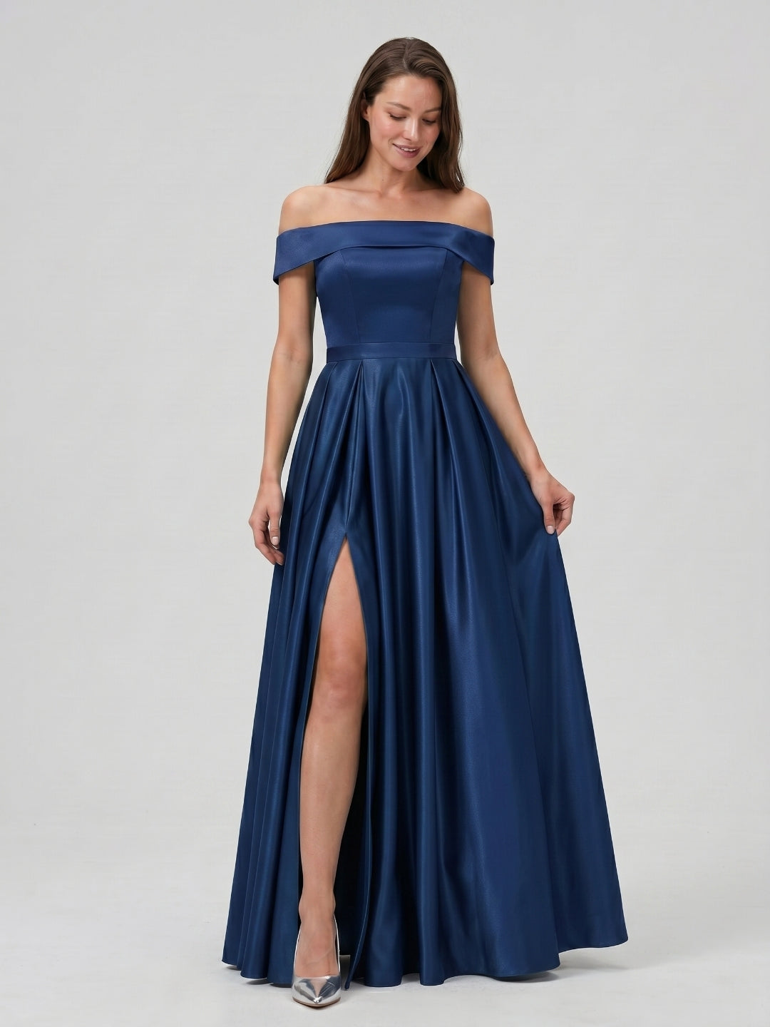 Navy Blue Satin A-Line Off-the-Shoulder Back Zip Floor-Length Bridesmaid Dress with Pleating