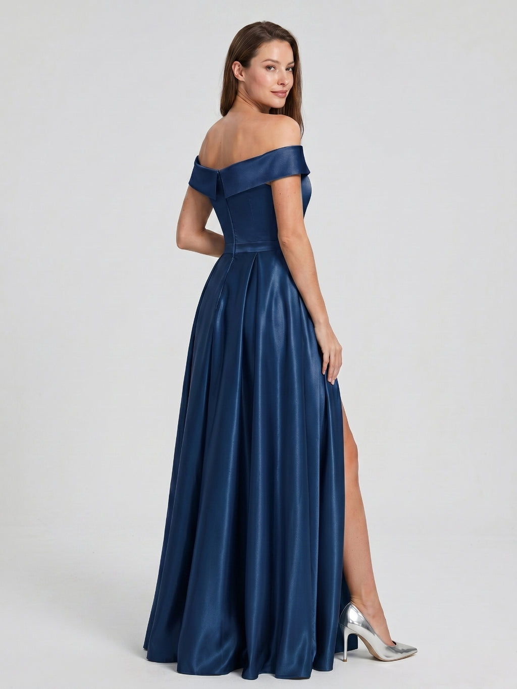 Navy Blue Satin A-Line Off-the-Shoulder Back Zip Floor-Length Bridesmaid Dress with Pleating