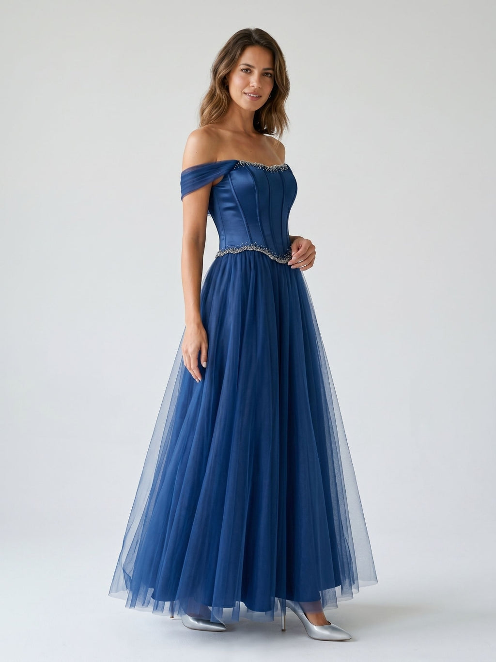 Navy Blue Satin A-Line Off-the-Shoulder Floor-Length Dress with Beading