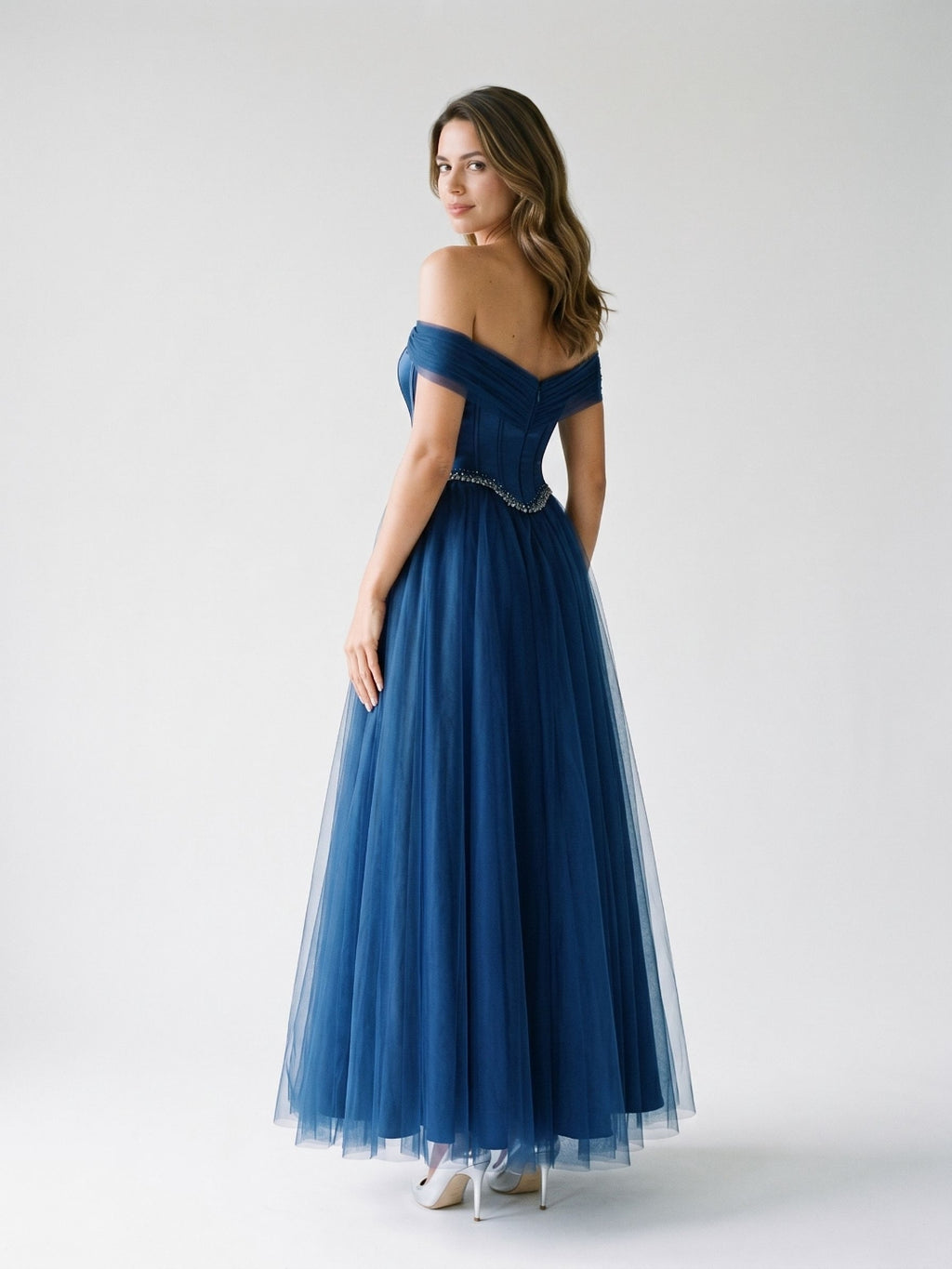 Navy Blue Satin A-Line Off-the-Shoulder Floor-Length Dress with Beading