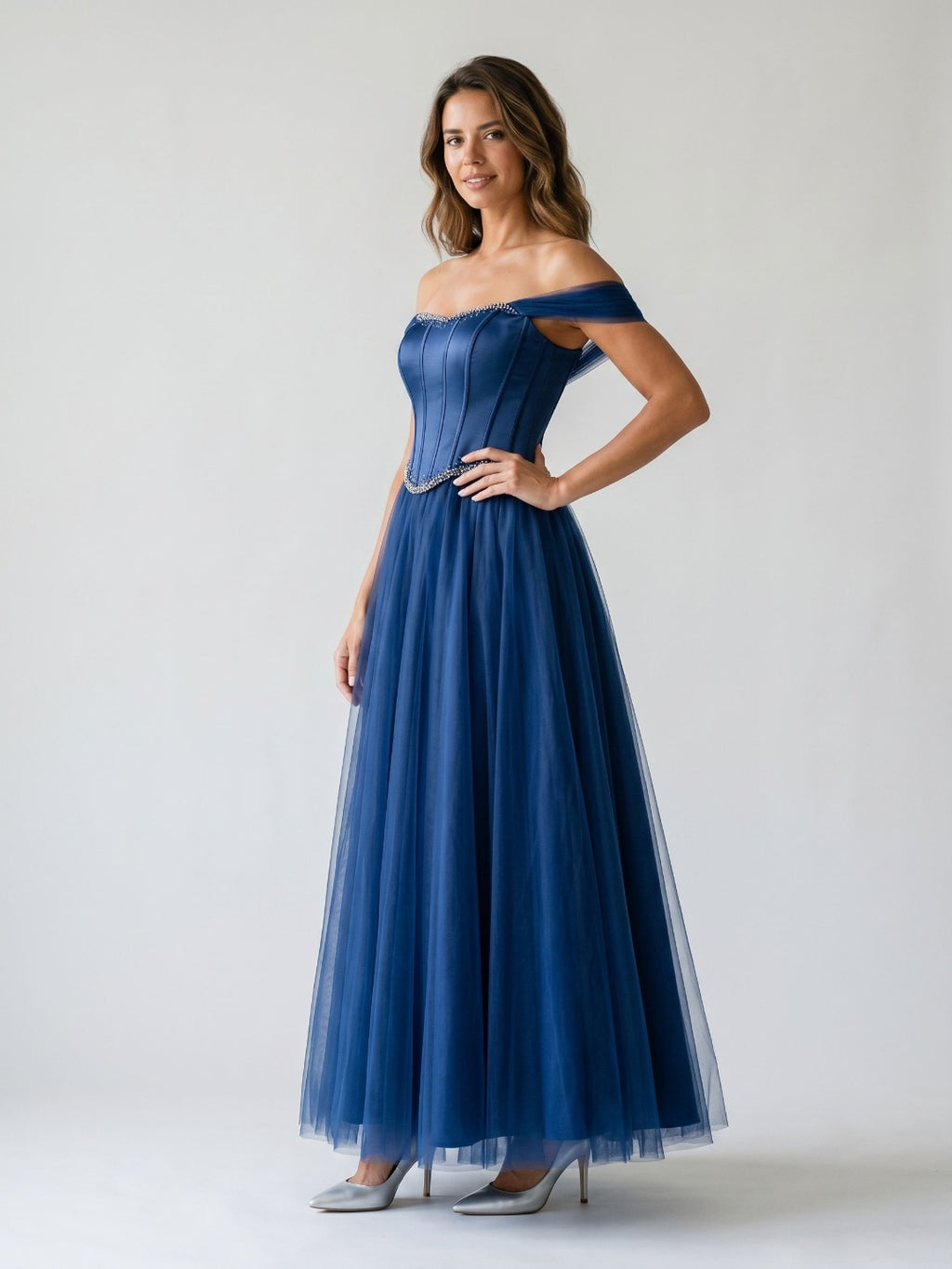 Navy Blue Satin A-Line Off-the-Shoulder Floor-Length Dress with Beading