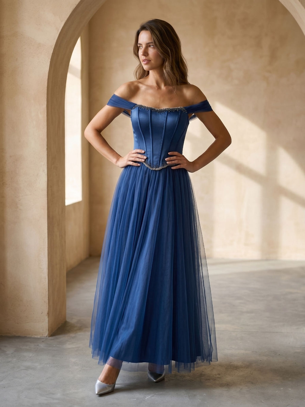 Navy Blue Satin A-Line Off-the-Shoulder Floor-Length Dress with Beading