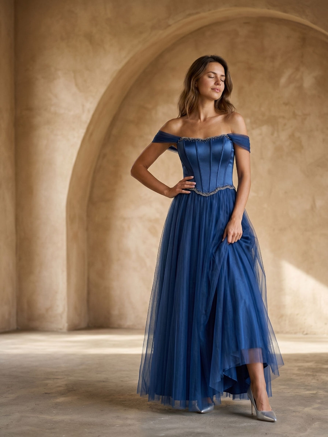 Navy Blue Satin A-Line Off-the-Shoulder Floor-Length Dress with Beading