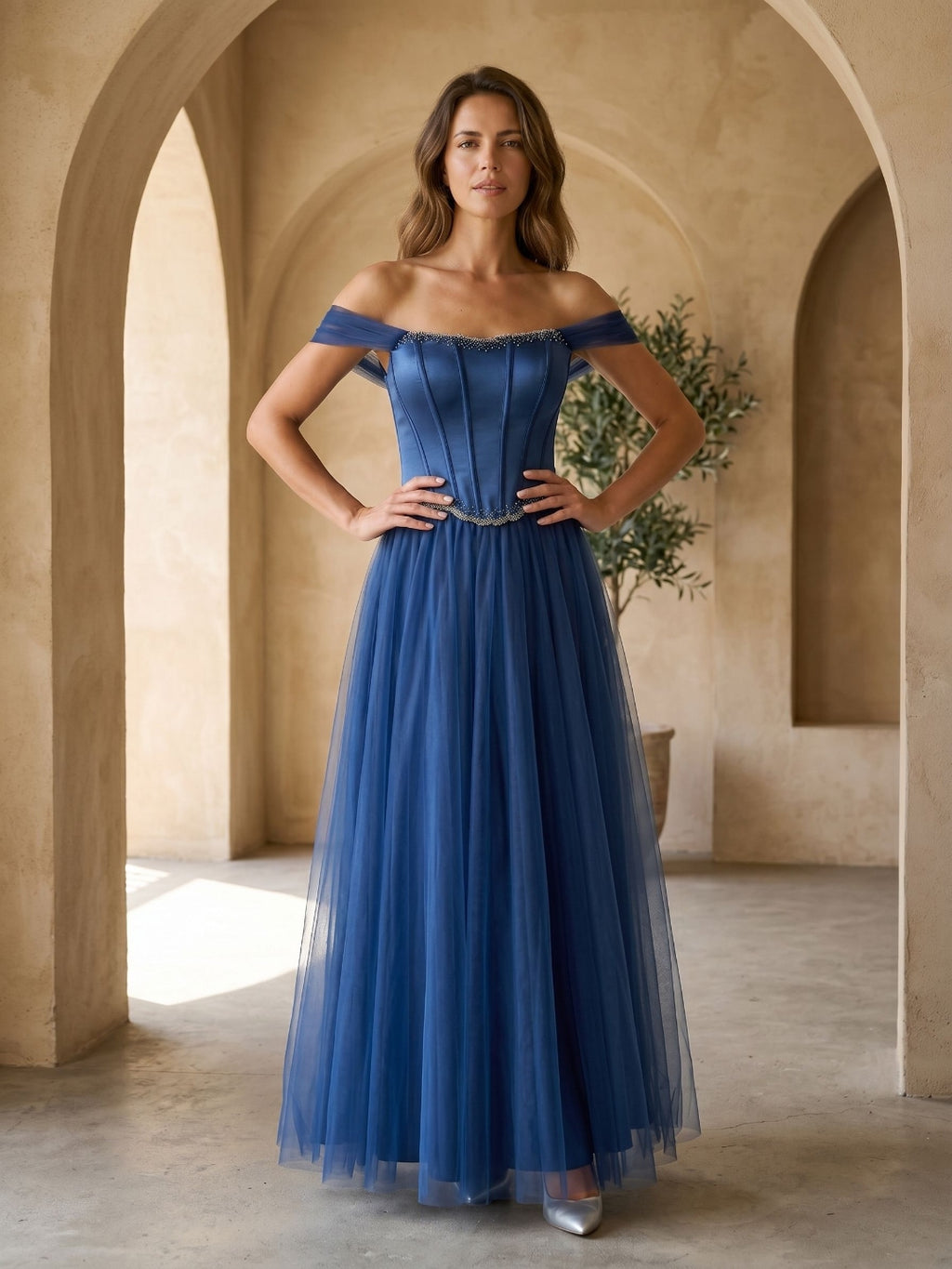 Navy Blue Satin A-Line Off-the-Shoulder Floor-Length Dress with Beading