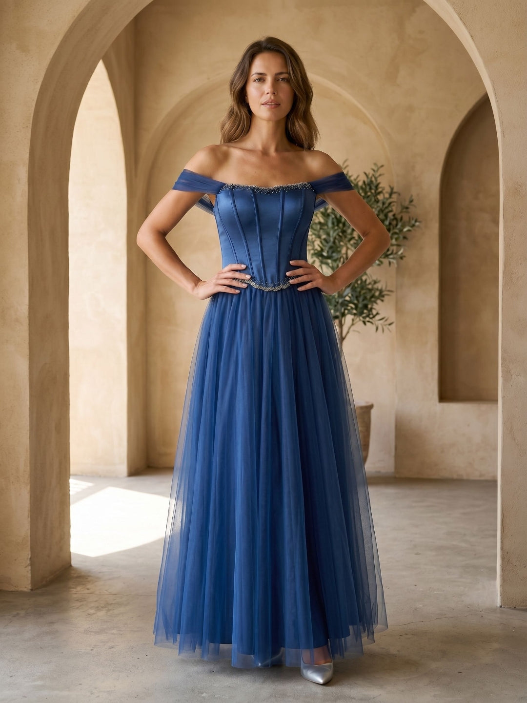 Navy Blue Satin A-Line Off-the-Shoulder Floor-Length Dress with Beading
