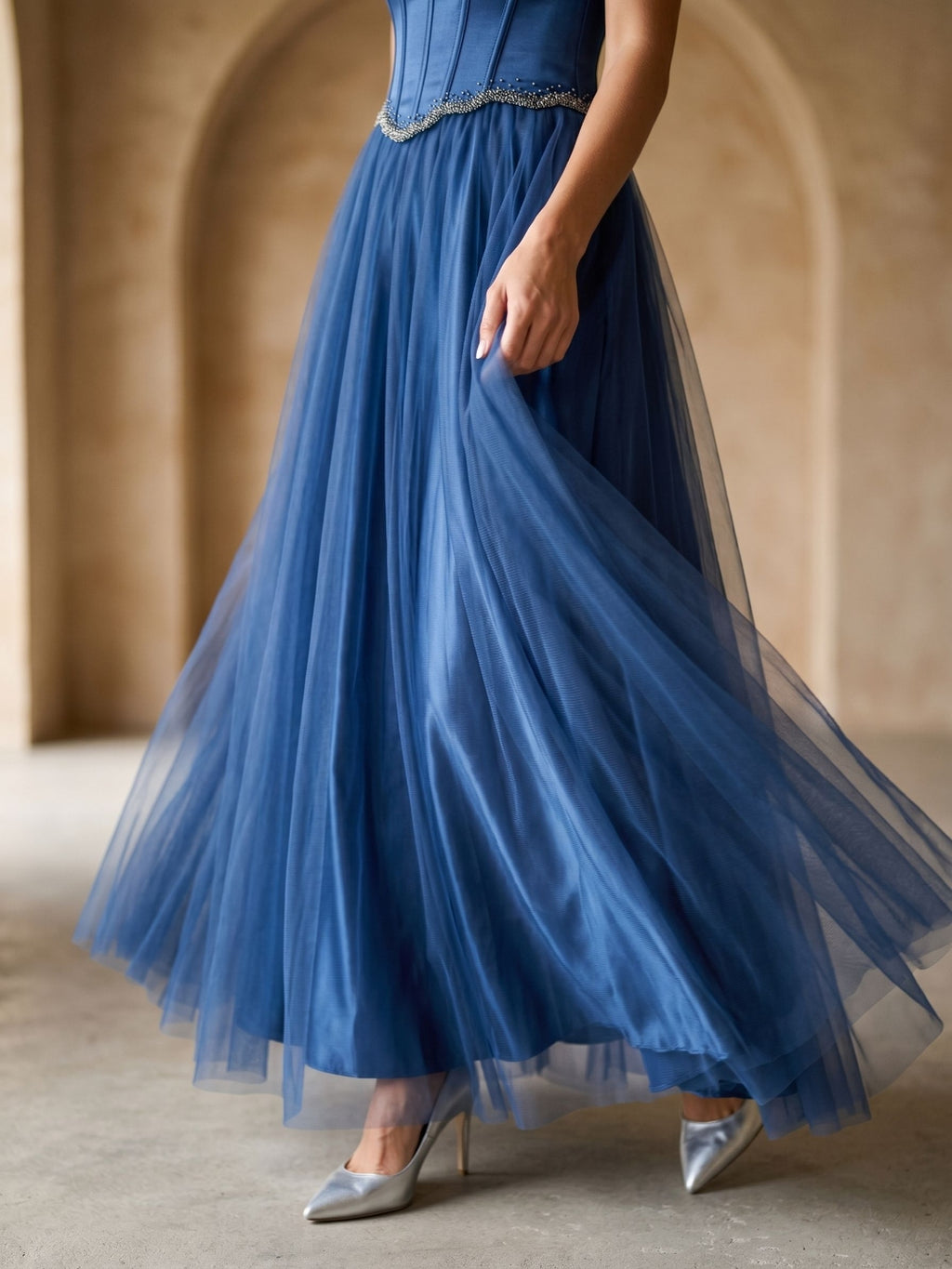 Navy Blue Satin A-Line Off-the-Shoulder Floor-Length Dress with Beading