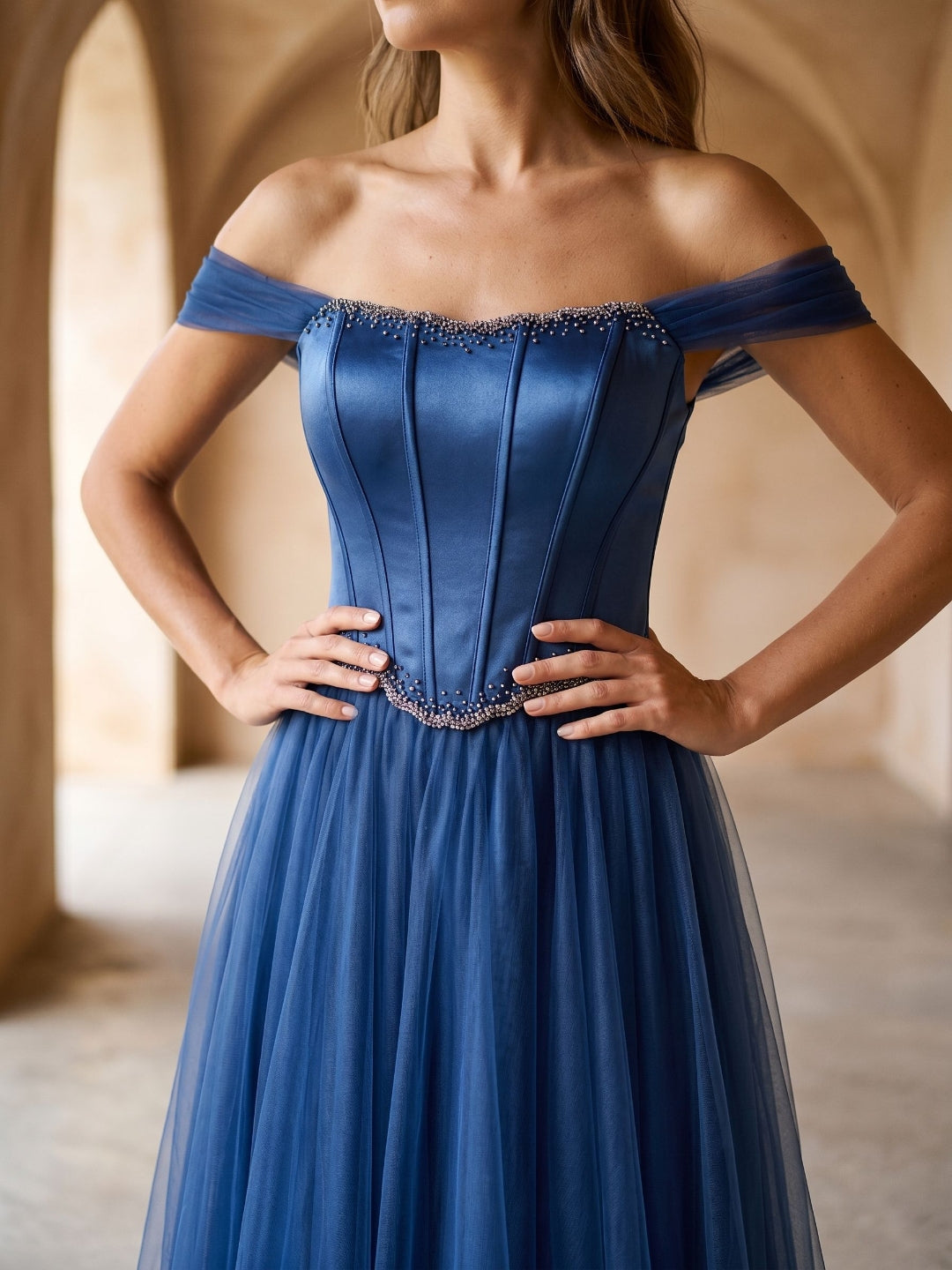 Navy Blue Satin A-Line Off-the-Shoulder Floor-Length Dress with Beading
