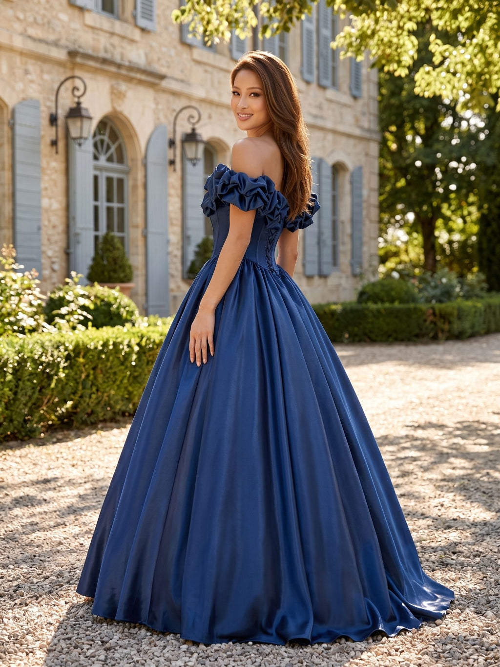 Navy Blue Satin A-Line Off-the-Shoulder Lace-up Floor-Length Dress