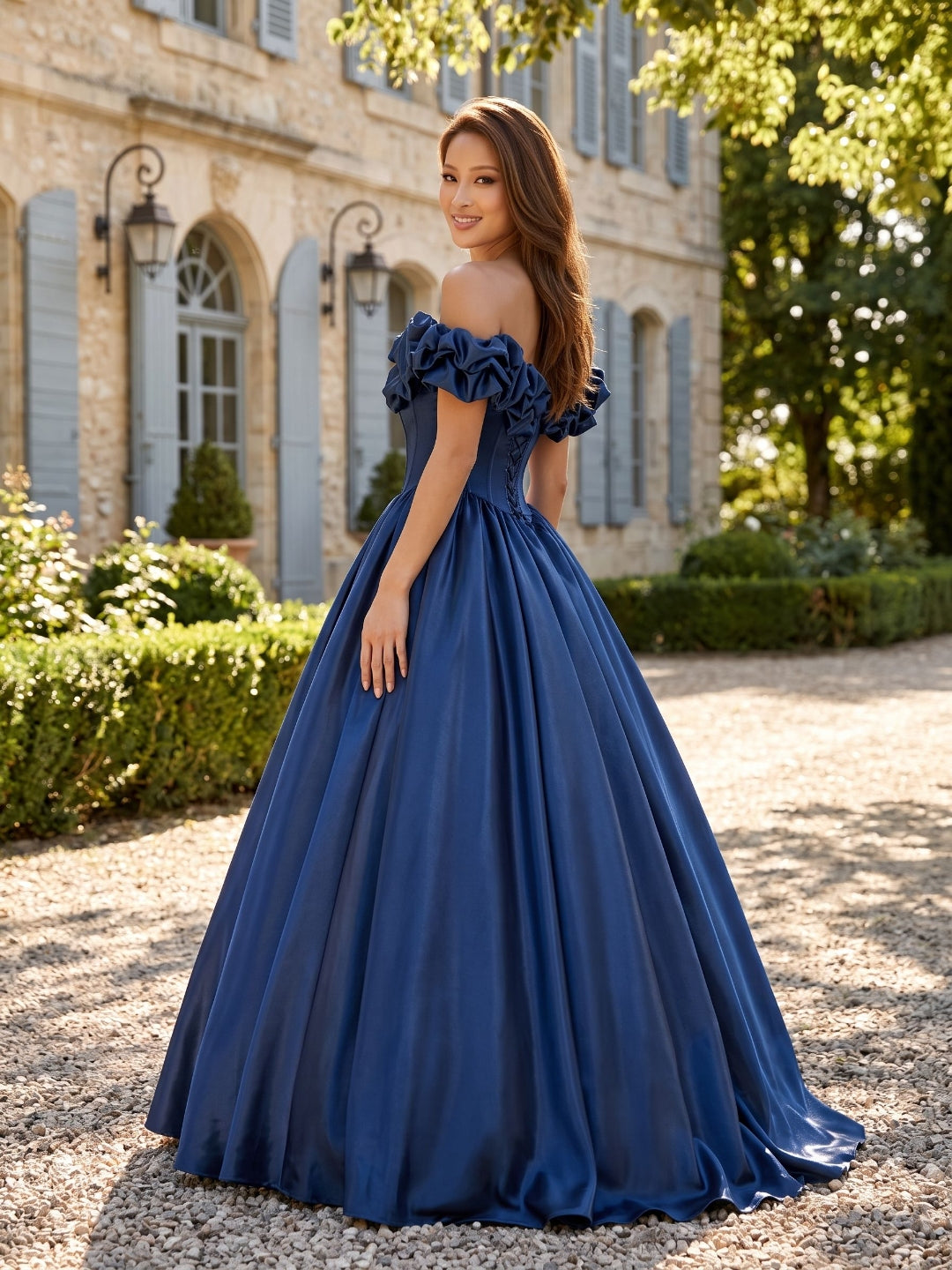 Navy Blue Satin A-Line Off-the-Shoulder Lace-up Floor-Length Dress