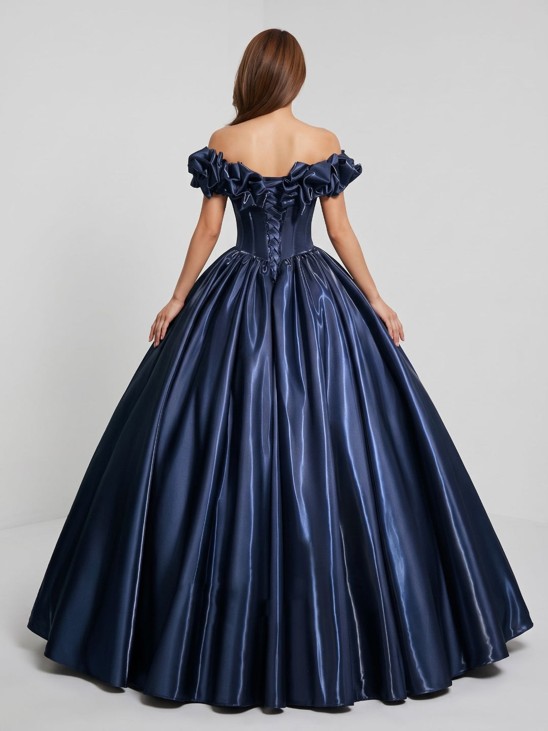 Navy Blue Satin A-Line Off-the-Shoulder Lace-up Floor-Length Dress