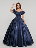 Navy Blue Satin A-Line Off-the-Shoulder Lace-up Floor-Length Dress