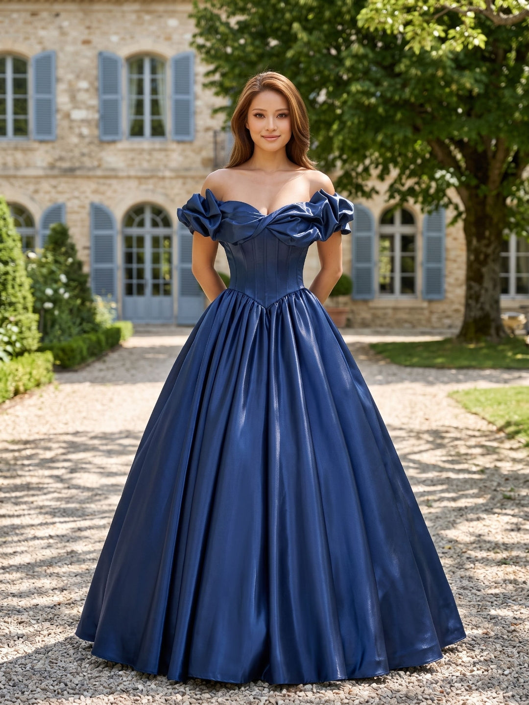 Navy Blue Satin A-Line Off-the-Shoulder Lace-up Floor-Length Dress