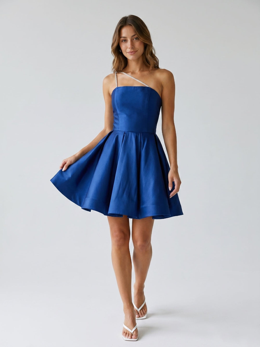 Navy Blue Satin A-Line One Shoulder Backless Short Homecoming Dress with Pleating