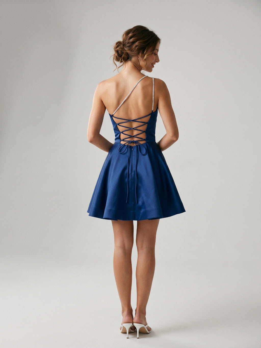 Navy Blue Satin A-Line One Shoulder Backless Short Homecoming Dress with Pleating