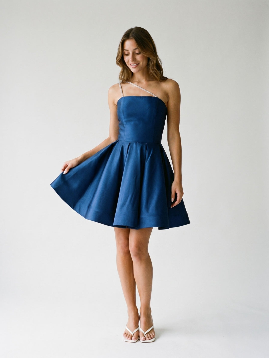 Navy Blue Satin A-Line One Shoulder Backless Short Homecoming Dress with Pleating