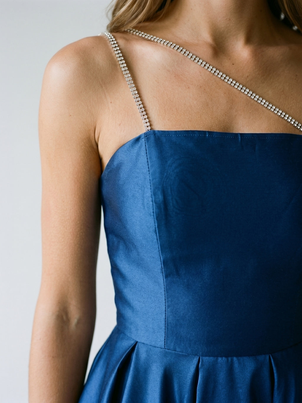Navy Blue Satin A-Line One Shoulder Backless Short Homecoming Dress with Pleating