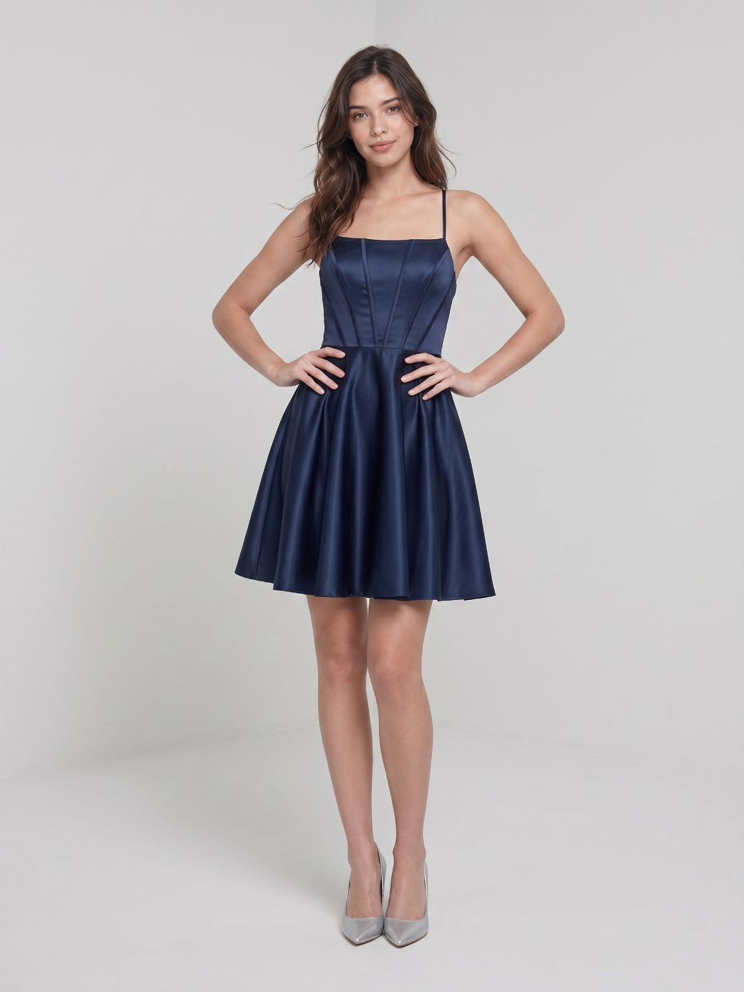 Navy Blue Satin A-Line Scoop Neck Lace-Up Back Short Birthday Dress