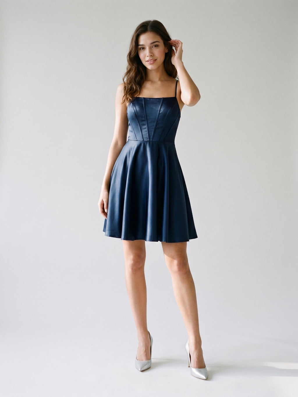 Navy Blue Satin A-Line Scoop Neck Lace-Up Back Short Birthday Dress