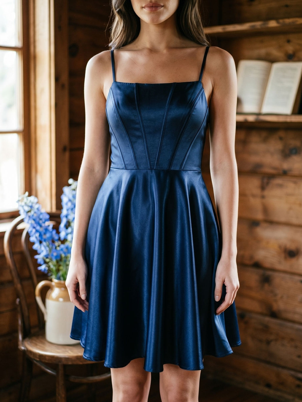 Navy Blue Satin A-Line Scoop Neck Lace-Up Back Short Birthday Dress