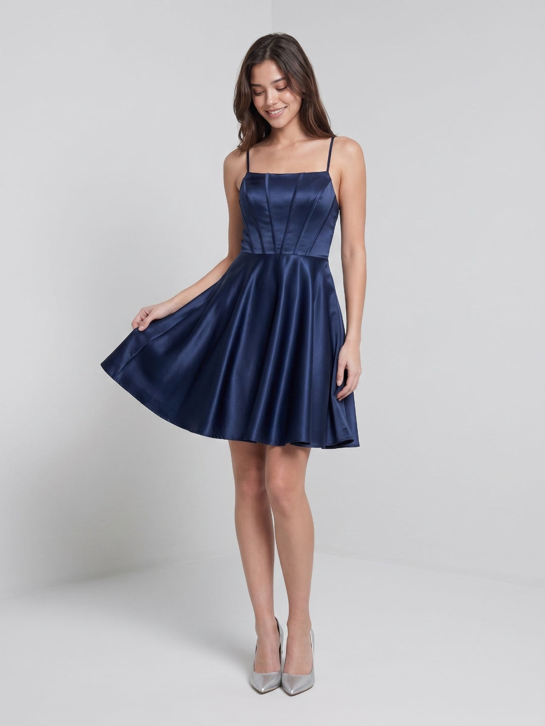 Navy Blue Satin A-Line Scoop Neck Lace-Up Back Short Birthday Dress