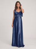 Navy Blue Satin A-Line Square Neck Floor-Length Bridesmaid Dress