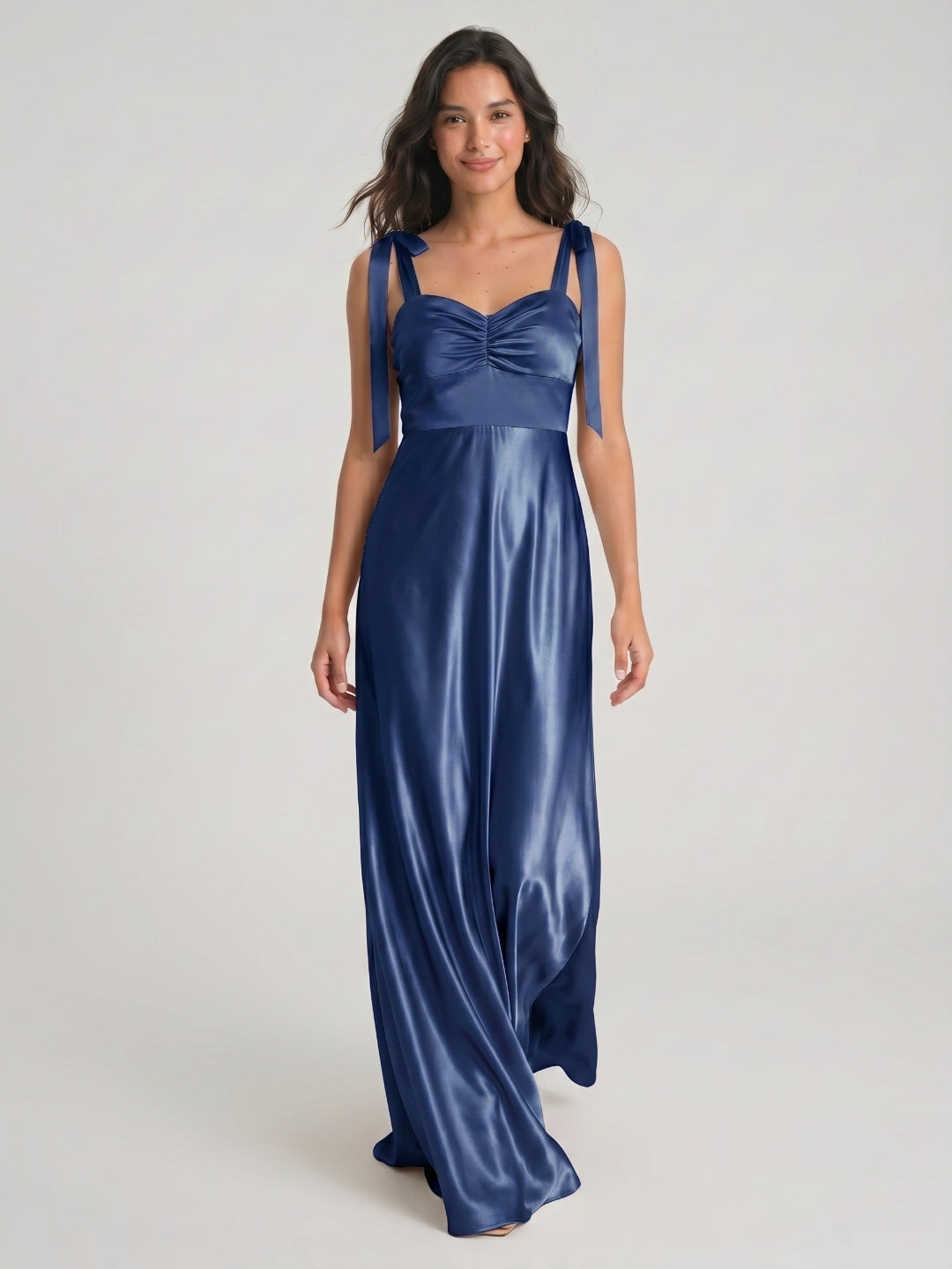 Navy Blue Satin A-Line Square Neck Floor-Length Bridesmaid Dress