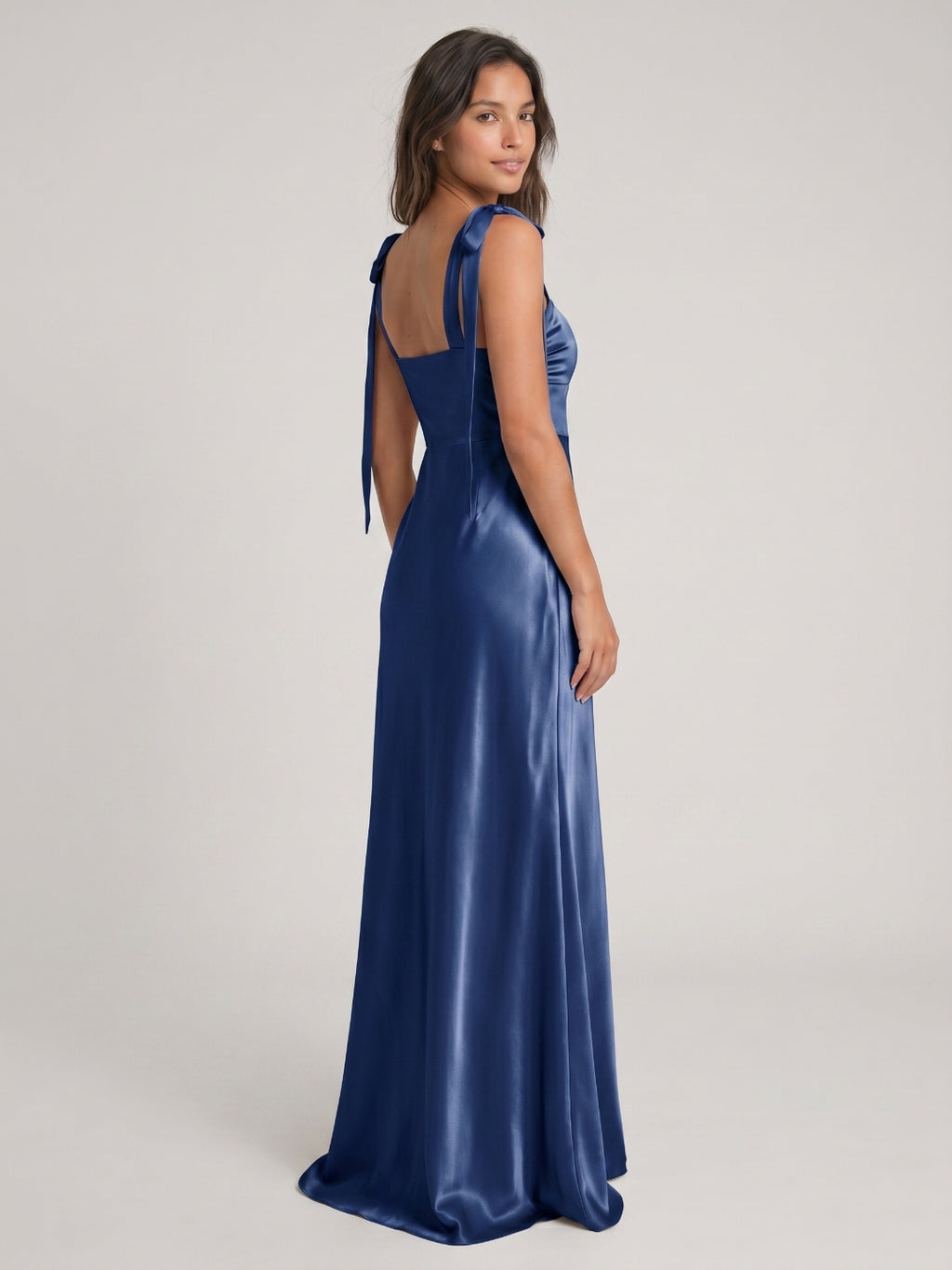 Navy Blue Satin A-Line Square Neck Floor-Length Bridesmaid Dress