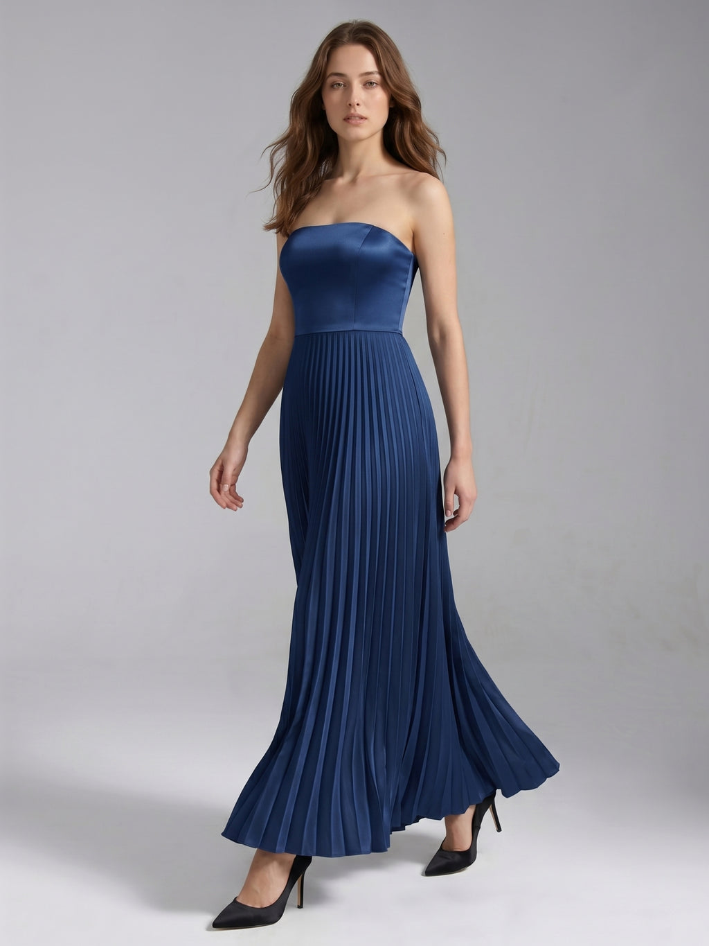 Navy Blue Satin A-Line Straight Neck Back Zip Floor-Length Bridesmaid Dress with Pleated Details