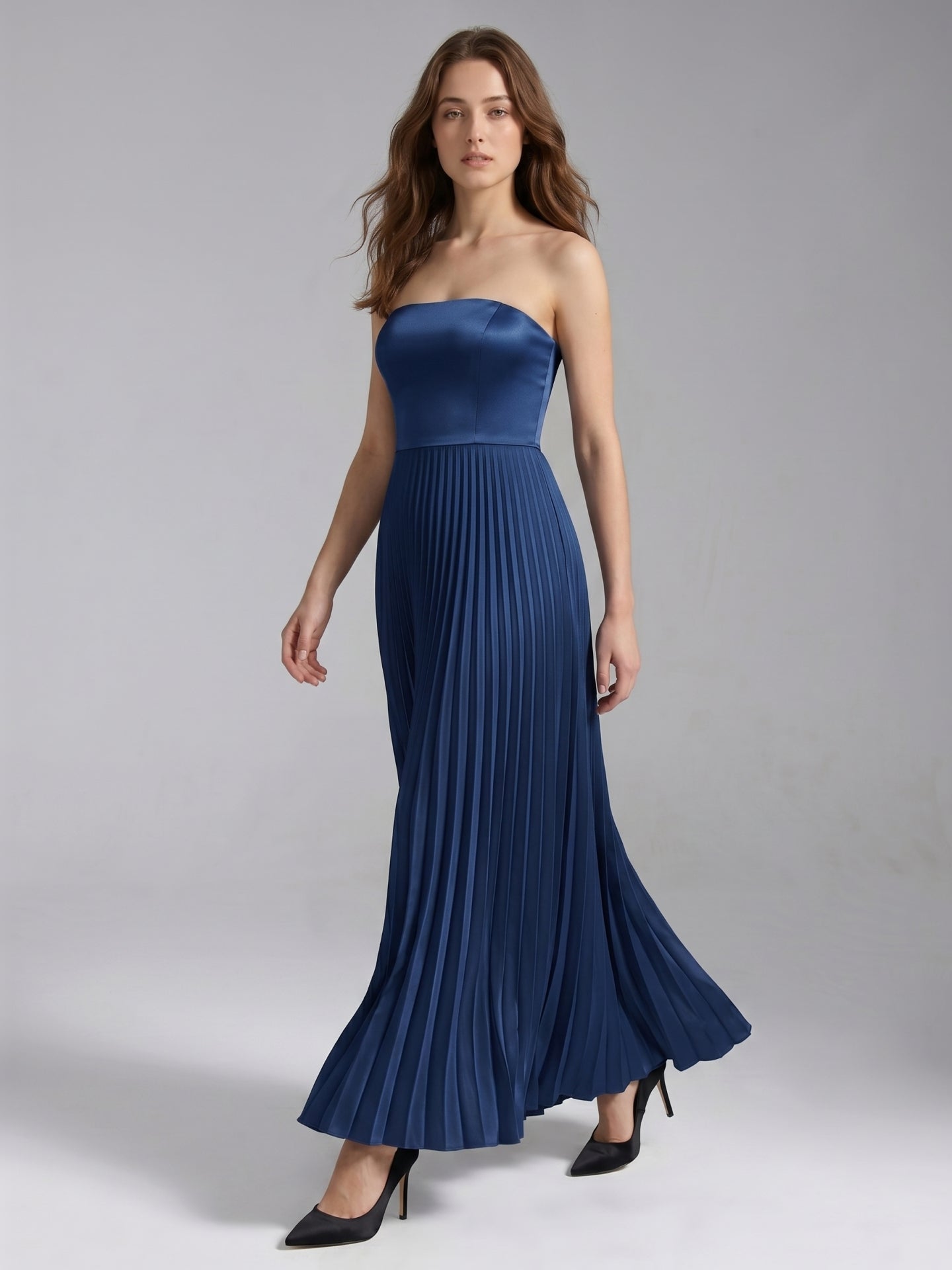 Navy Blue Satin A-Line Straight Neck Back Zip Floor-Length Bridesmaid Dress with Pleated Details