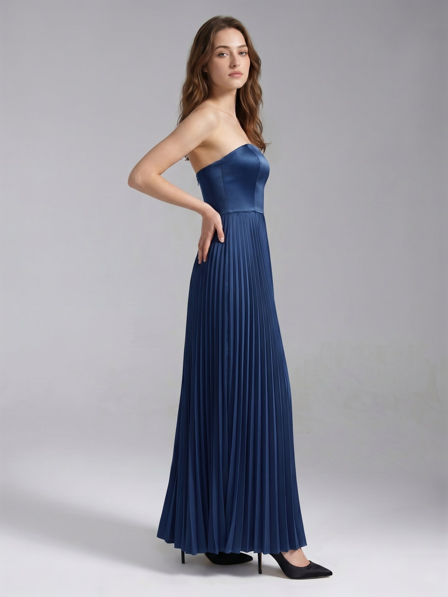 Navy Blue Satin A-Line Straight Neck Back Zip Floor-Length Bridesmaid Dress with Pleated Details