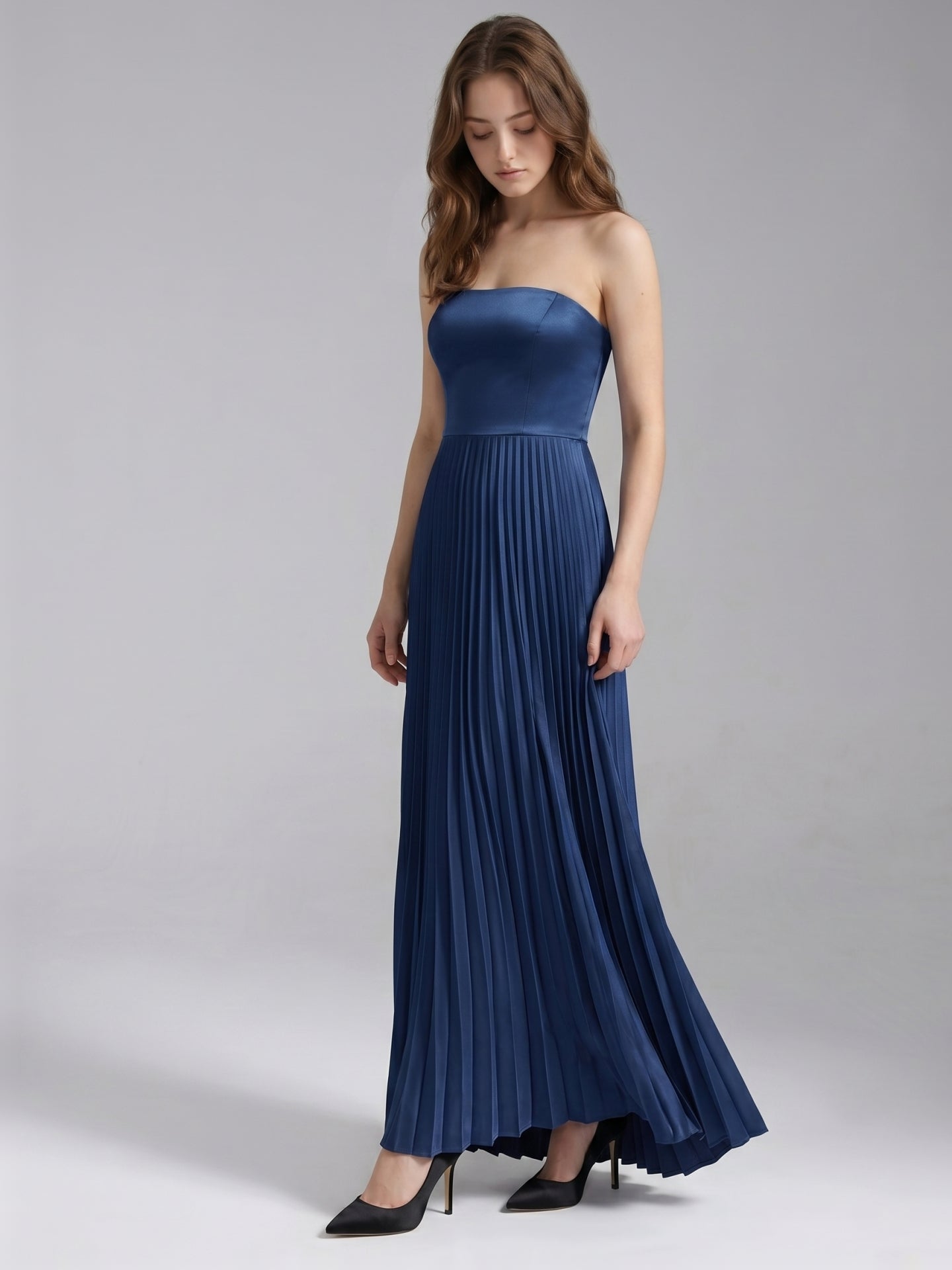Navy Blue Satin A-Line Straight Neck Back Zip Floor-Length Bridesmaid Dress with Pleated Details