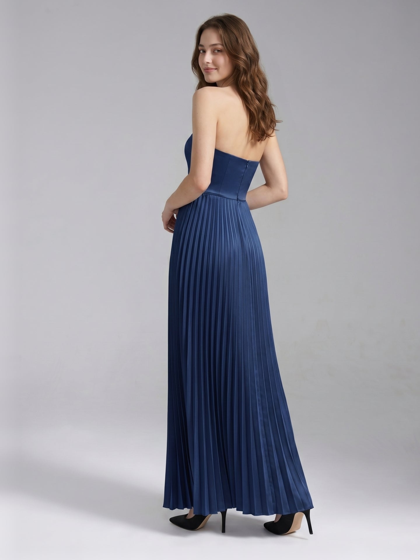 Navy Blue Satin A-Line Straight Neck Back Zip Floor-Length Bridesmaid Dress with Pleated Details