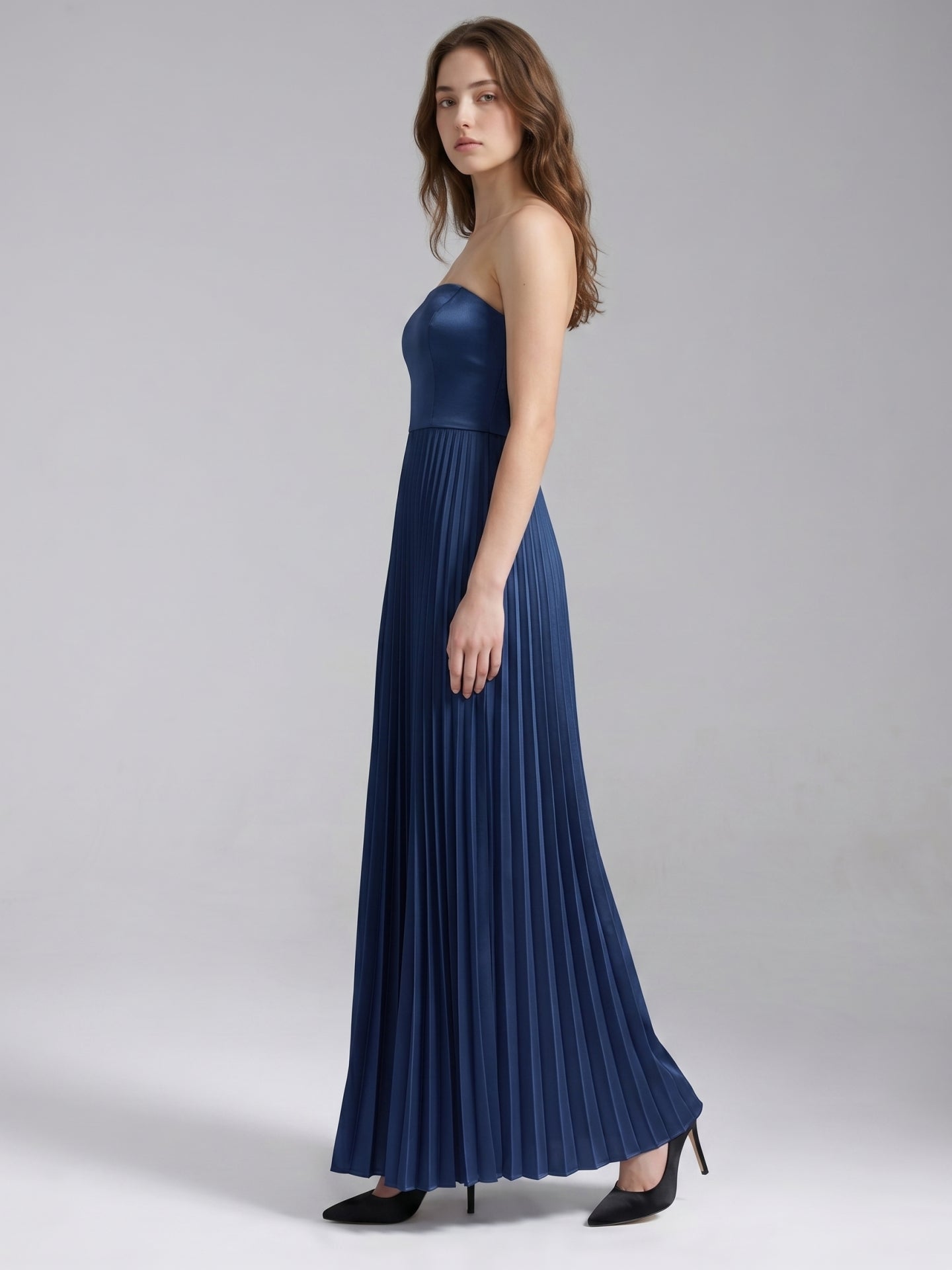 Navy Blue Satin A-Line Straight Neck Back Zip Floor-Length Bridesmaid Dress with Pleated Details