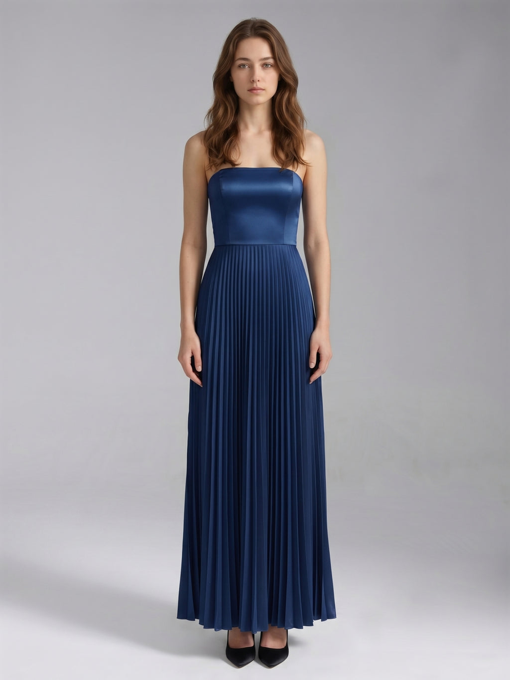 Navy Blue Satin A-Line Straight Neck Back Zip Floor-Length Bridesmaid Dress with Pleated Details