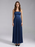 Navy Blue Satin A-Line Straight Neck Back Zip Floor-Length Bridesmaid Dress with Pleated Details