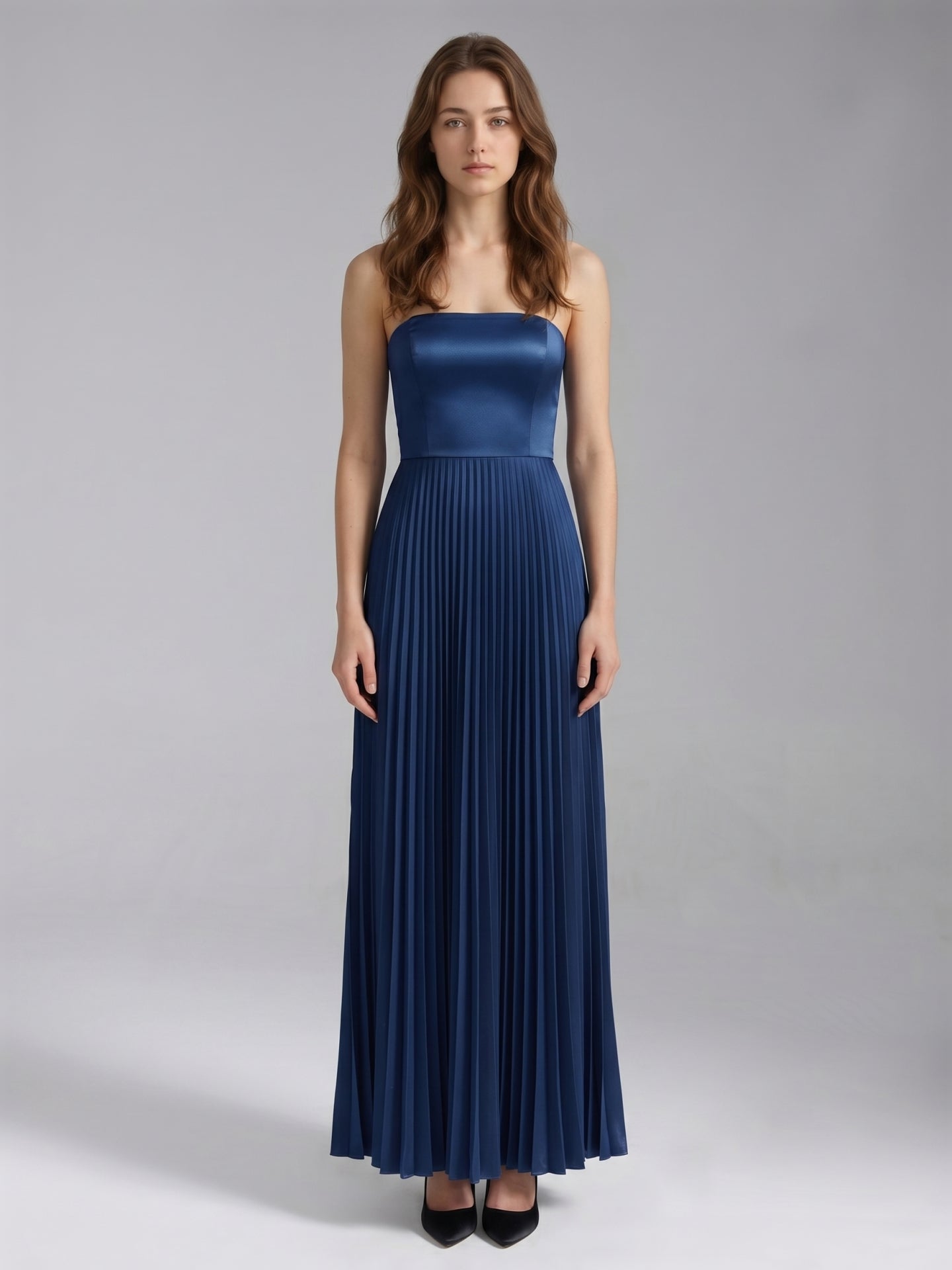 Navy Blue Satin A-Line Straight Neck Back Zip Floor-Length Bridesmaid Dress with Pleated Details