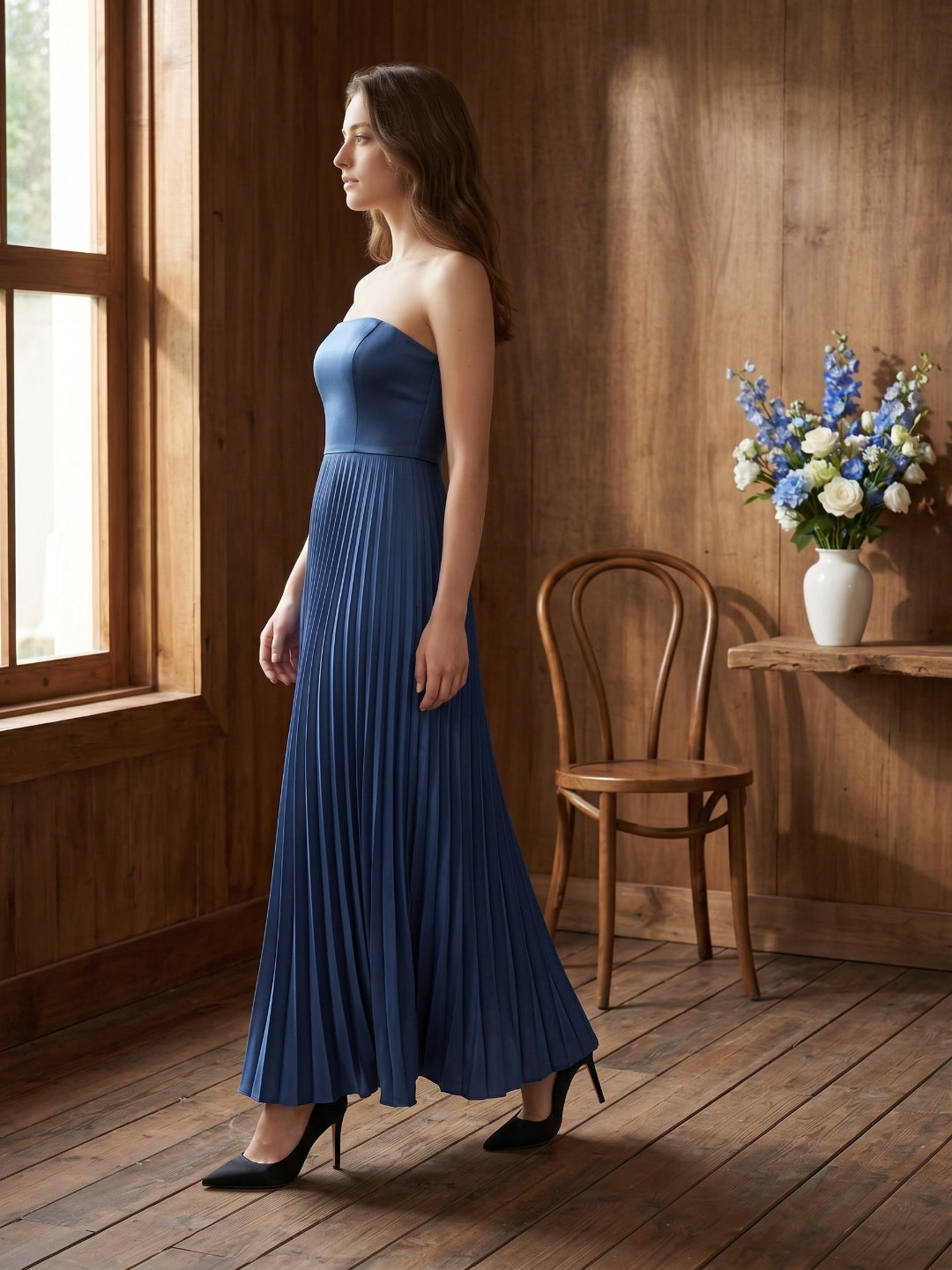 Navy Blue Satin A-Line Straight Neck Back Zip Floor-Length Bridesmaid Dress with Pleated Details