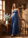 Navy Blue Satin A-Line Straight Neck Back Zip Floor-Length Bridesmaid Dress with Pleated Details