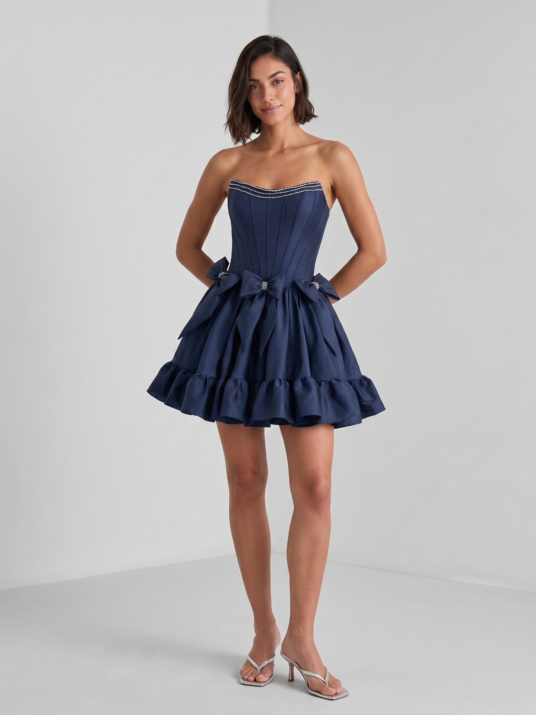 Navy Blue Satin A-Line Straight Neck Backless Short Homecoming Dress with Bow