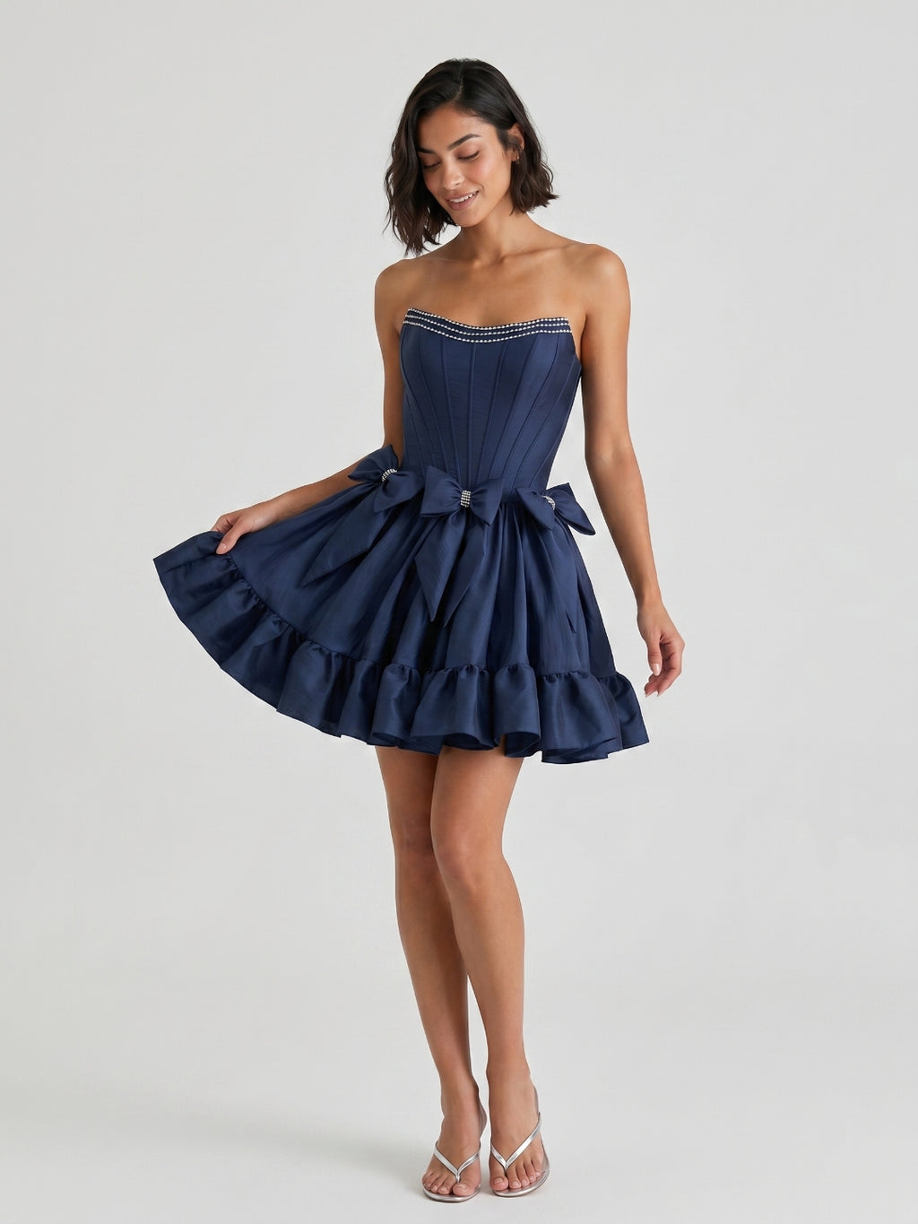 Navy Blue Satin A-Line Straight Neck Backless Short Homecoming Dress with Bow