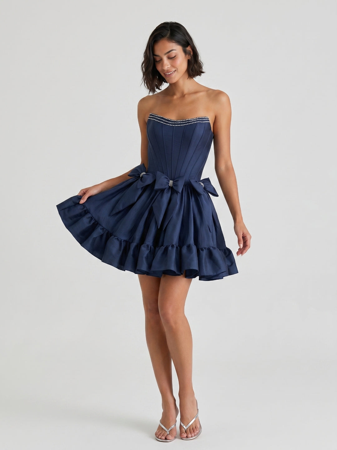 Navy Blue Satin A-Line Straight Neck Backless Short Homecoming Dress with Bow