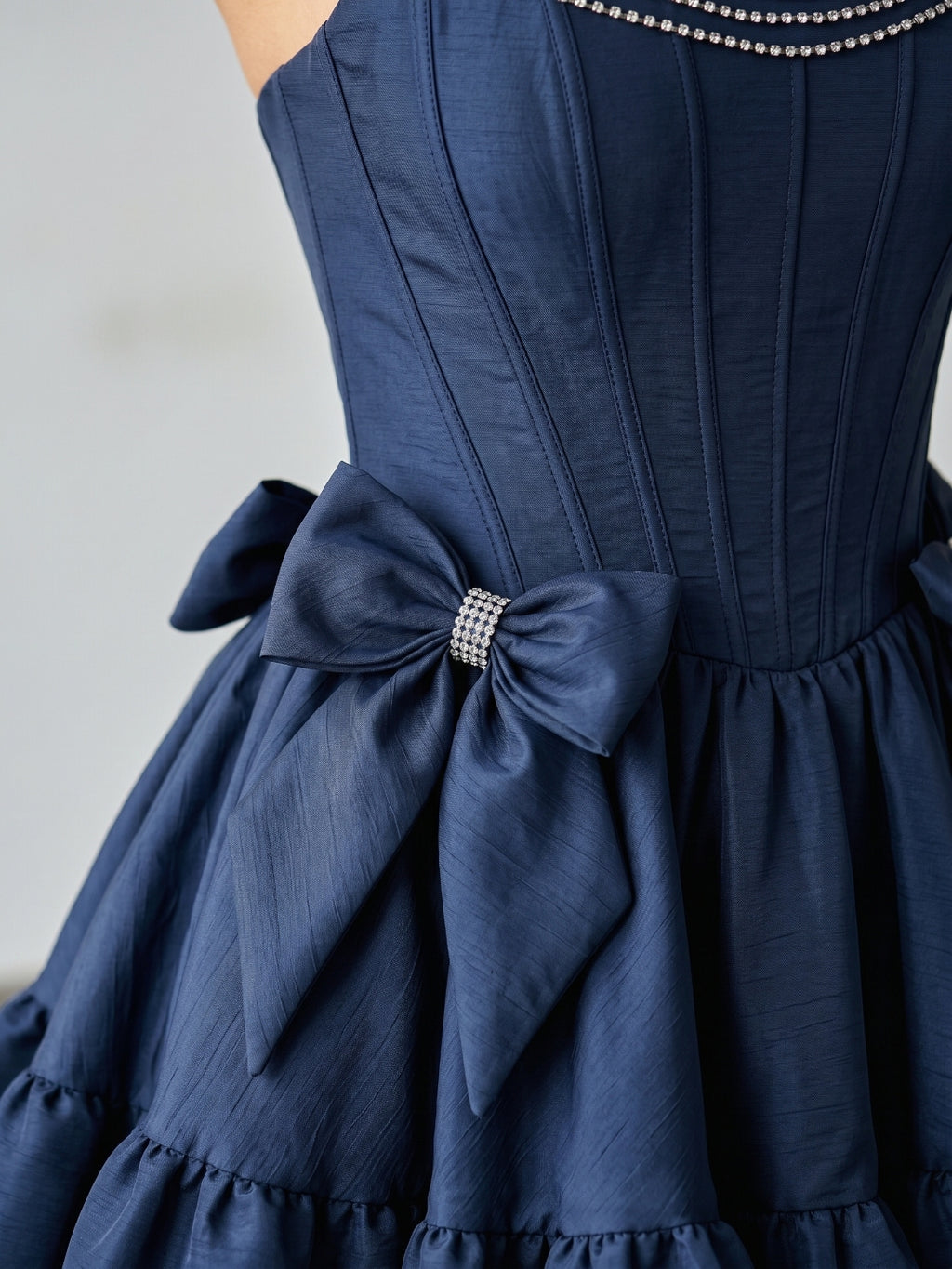 Navy Blue Satin A-Line Straight Neck Backless Short Homecoming Dress with Bow