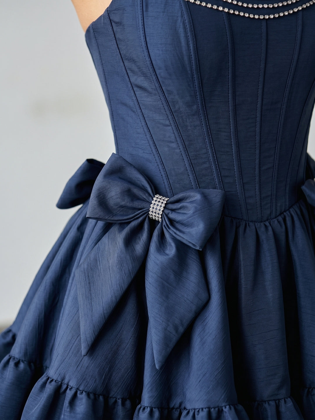 Navy Blue Satin A-Line Straight Neck Backless Short Homecoming Dress with Bow