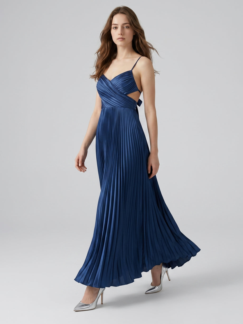 Navy Blue Satin A-Line Sweetheart Back Zip Ankle-Length Bridesmaid Dress Pleated