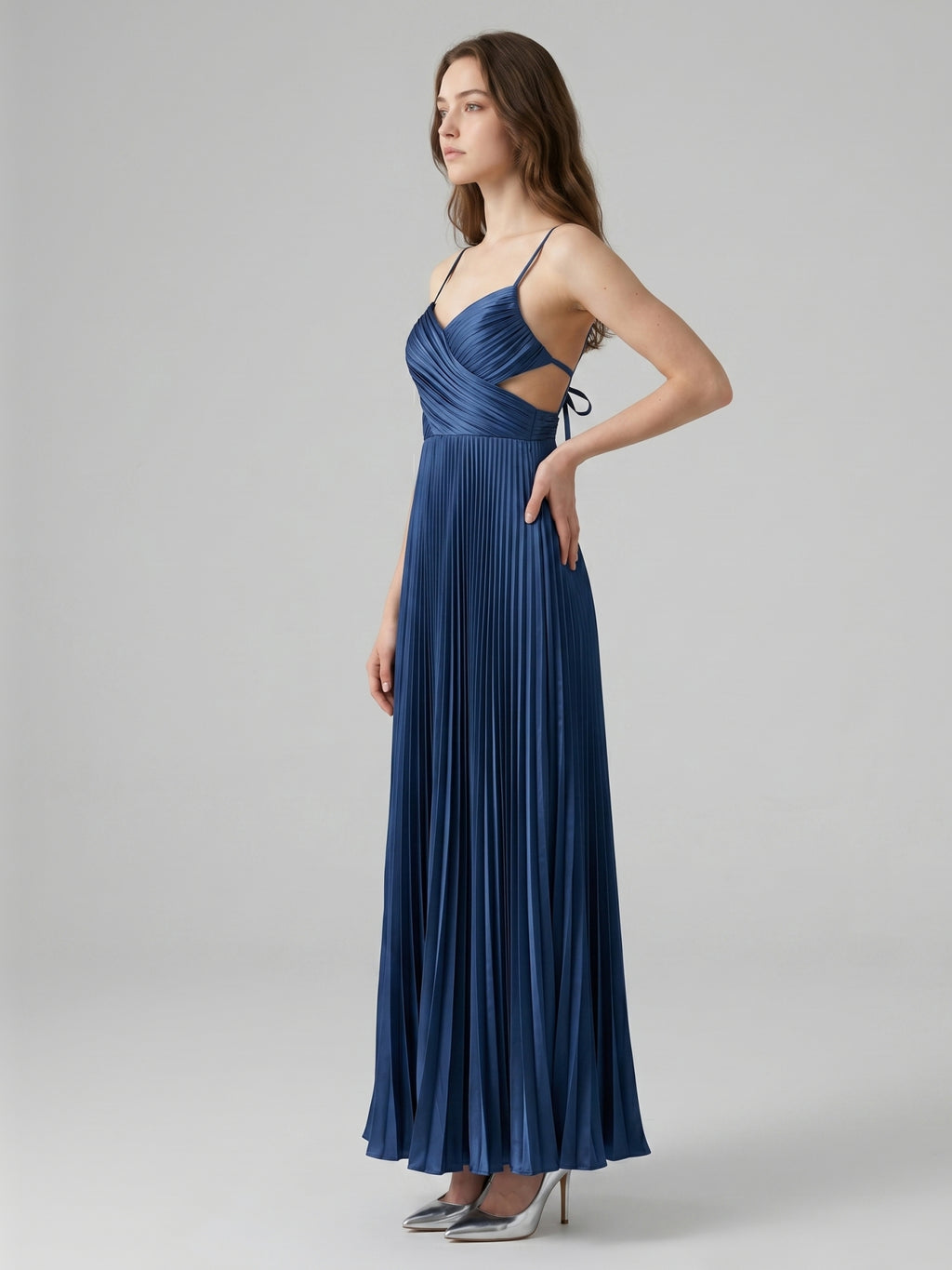 Navy Blue Satin A-Line Sweetheart Back Zip Ankle-Length Bridesmaid Dress Pleated